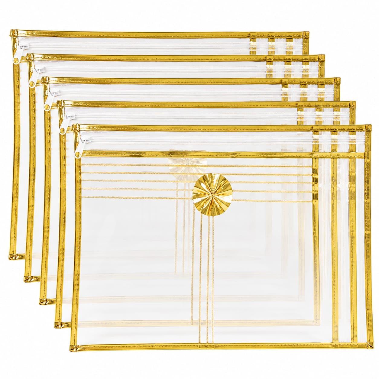 Transparent PVC Zipper Saree Pouch with Gold Border Pack of 5 | Waterproof Storage, Multipurpose Organiser, Travel Toiletry Use, Stationery & Documents, Clear PVC Material-image-10