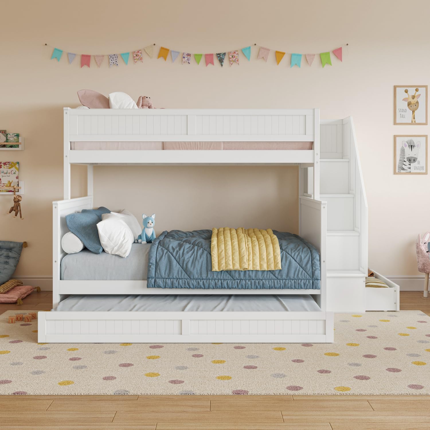 HomeStock Staircase Bunk Bed with Twin Trundle & Storage Drawer White/Twin Over Full