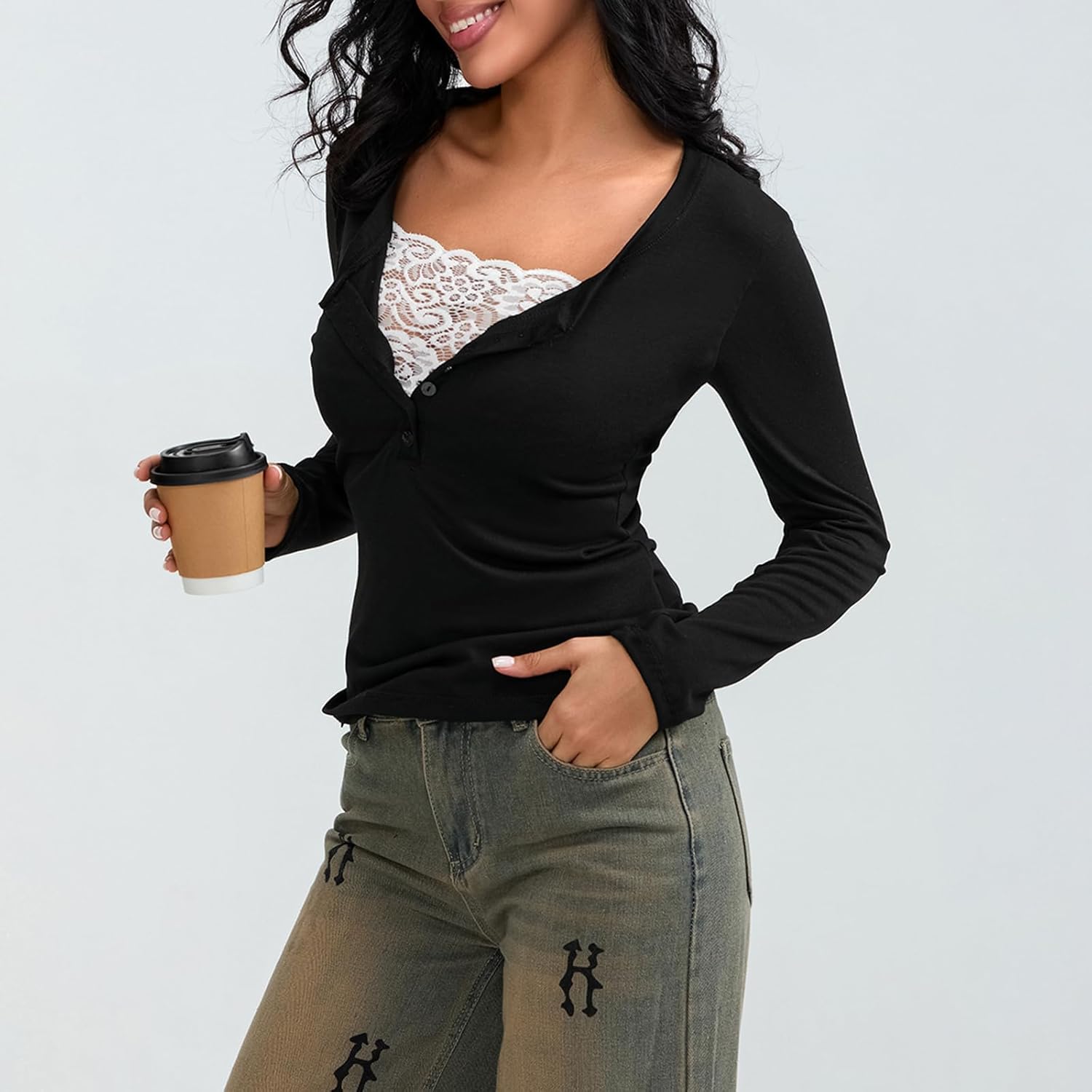 Women Fairy Grunge Shirts Y2K Fall Tops Long Sleeve Lace Trim Tee Teen Girls Vintage Slim Blouse Aesthetic Clothes - Image 2