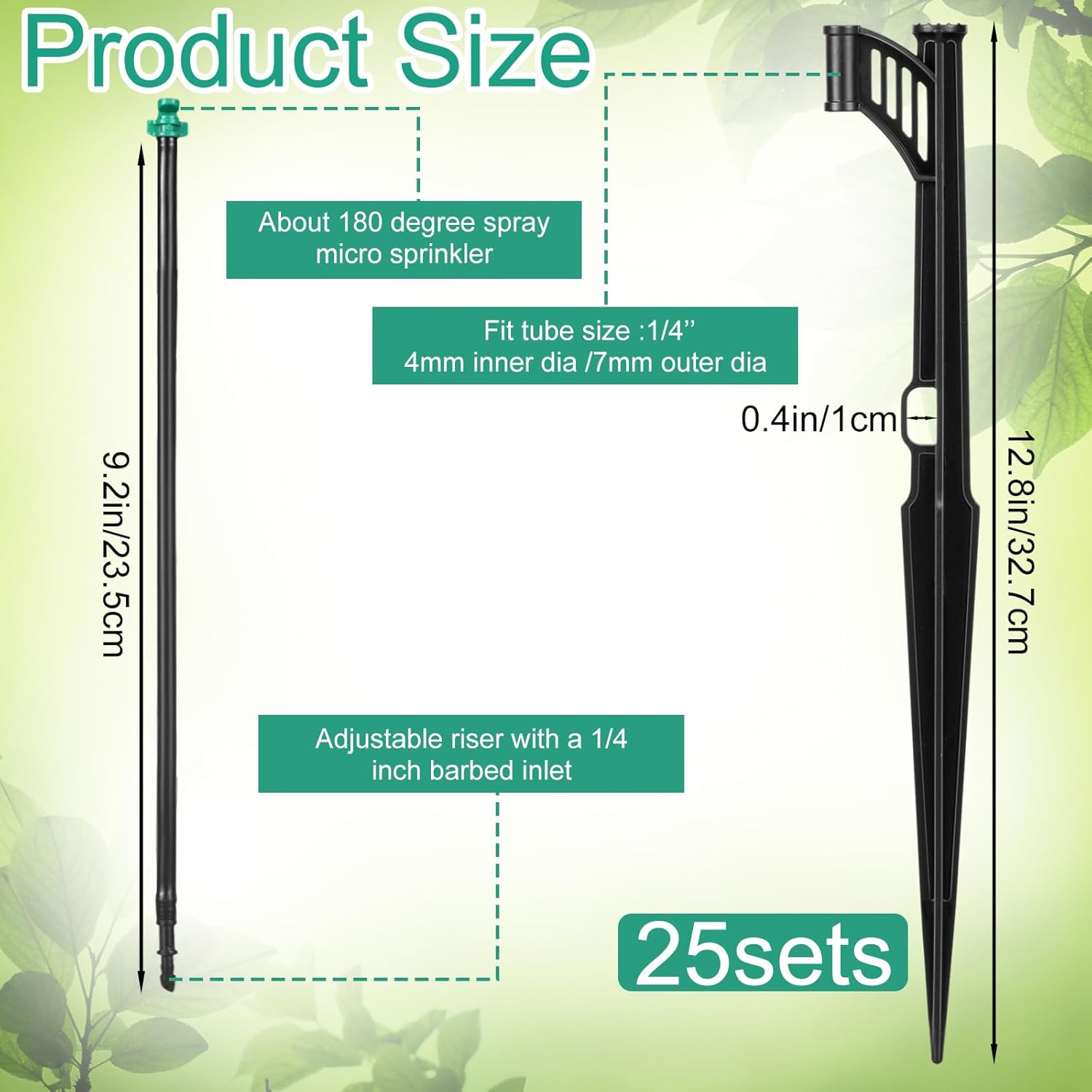 25 Pcs 12.8 Inch Drip Irrigation Stakes with 180 Degree Sprayer Emitters and Sprinkler Extension Riser 1/4 Inch Drip Line Sprinkler Support Stakes for Garden Watering System,Green