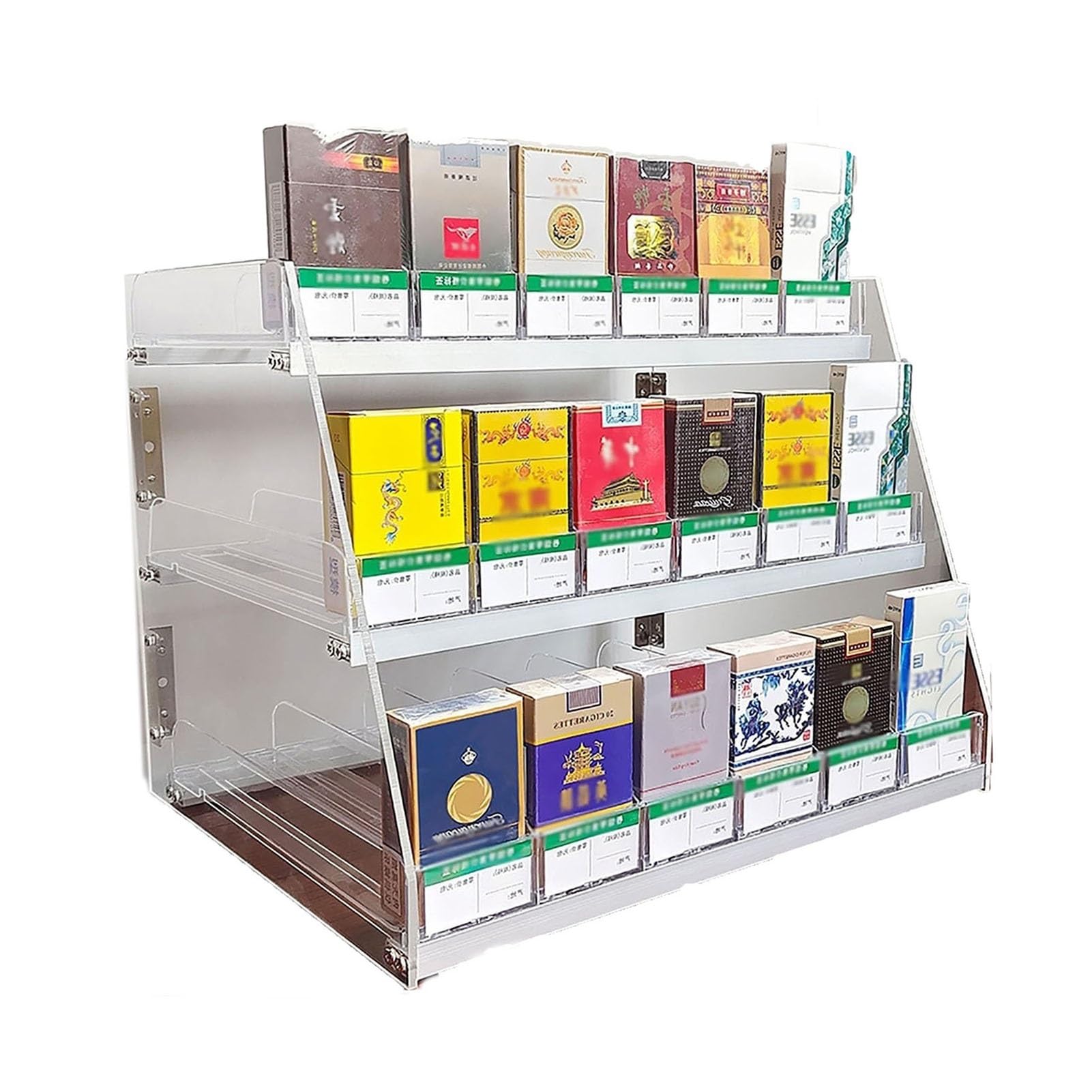 Expositor de cigarrillos acrílico para pared con empujador automático de mostrador