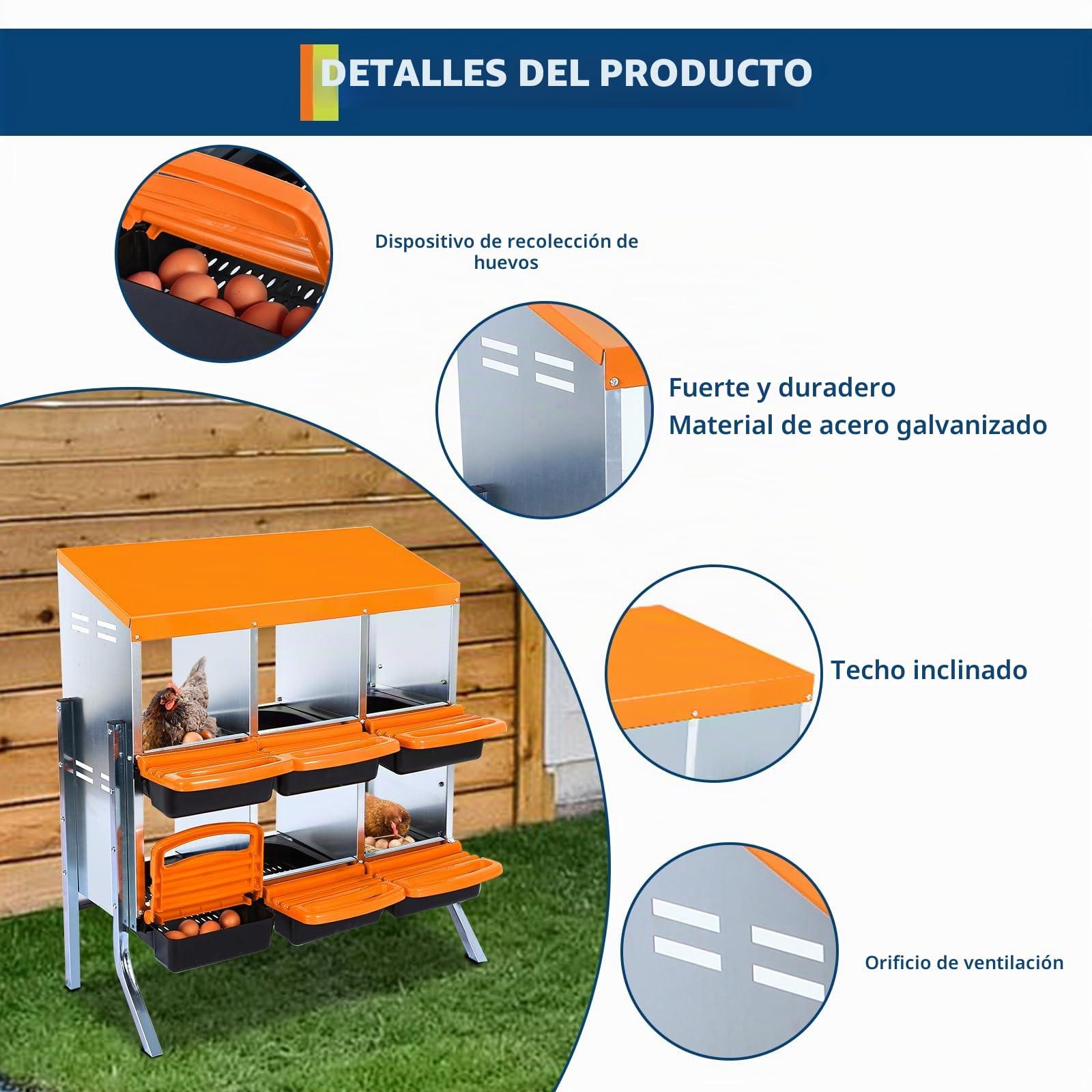 Nido para pollos, nido de metal con base inclinada, agujeros de ventilación, fácil limpieza, cajas de recogida de huevos para gallineros, patos, aves de corral, 6 agujeros con patas