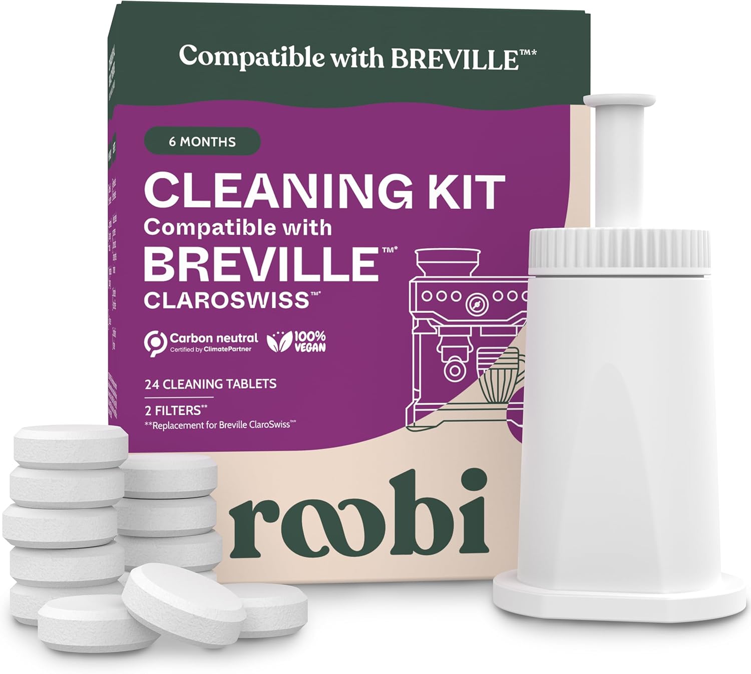 Roobi Espresso Cleaning Kit compatible with Breville ClaroSwiss Filters. Includes 24 Cleaning Tablets and 2 ClaroSwiss Water Filters. Carbon Neutral. 6 Month Supply.