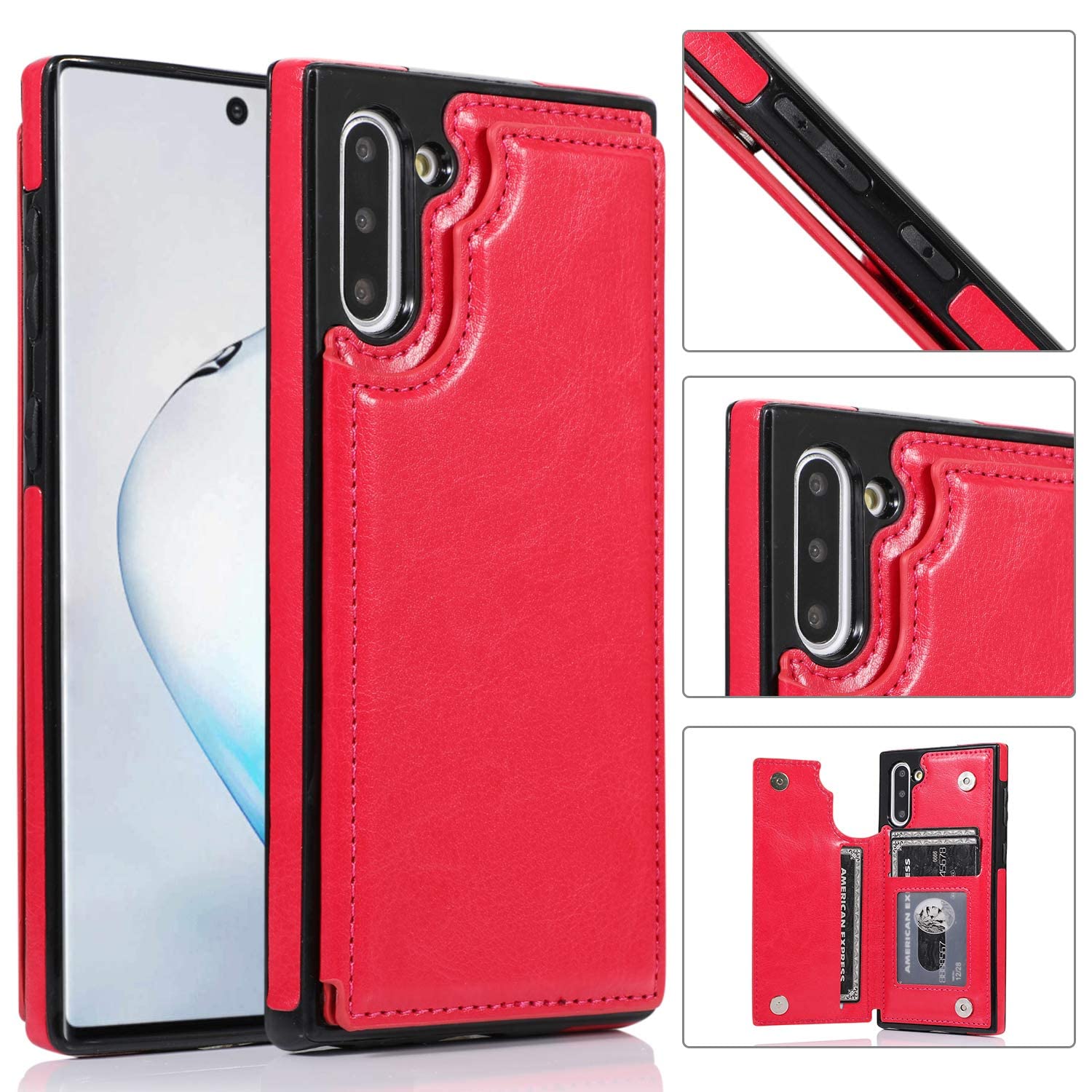 Wallet Case for Samsung Galaxy Note 10 Plus - Card Holder Slot Kickstand Cover with Strong Corner Magnets (Rose Red, Note 10 Plus)