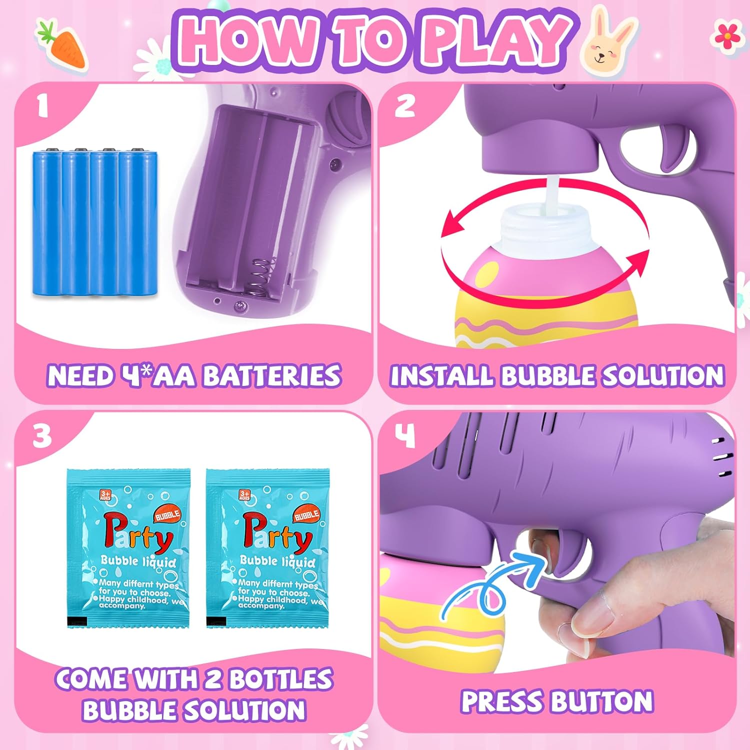 2PAck Easter Bubble for Kids, Easter Toys for Kids, Easter Bubble Machine for Easter Basket Stuffer, Easter Toy Gifts for Kids, Light Up Easter Bubble Maker with 4 Bubble Solution (Pink & Purple)