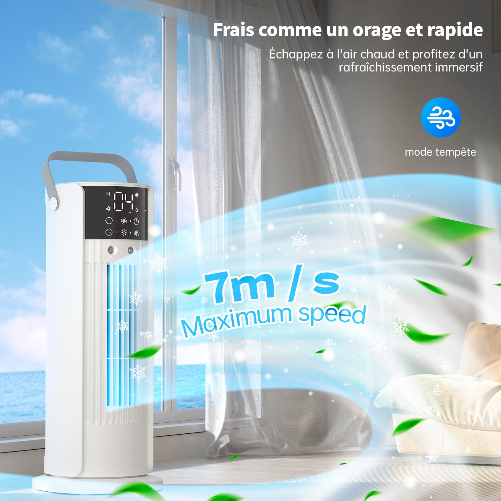 Climatizzatore mobile 5 in 1- Aria condizionata portatile, rinfrescante d'aria silenzioso, 90°, oscillazione, 4 velocità, 2 nebulizzazione con 700 ml, telecomando, applicabile camera e ufficio