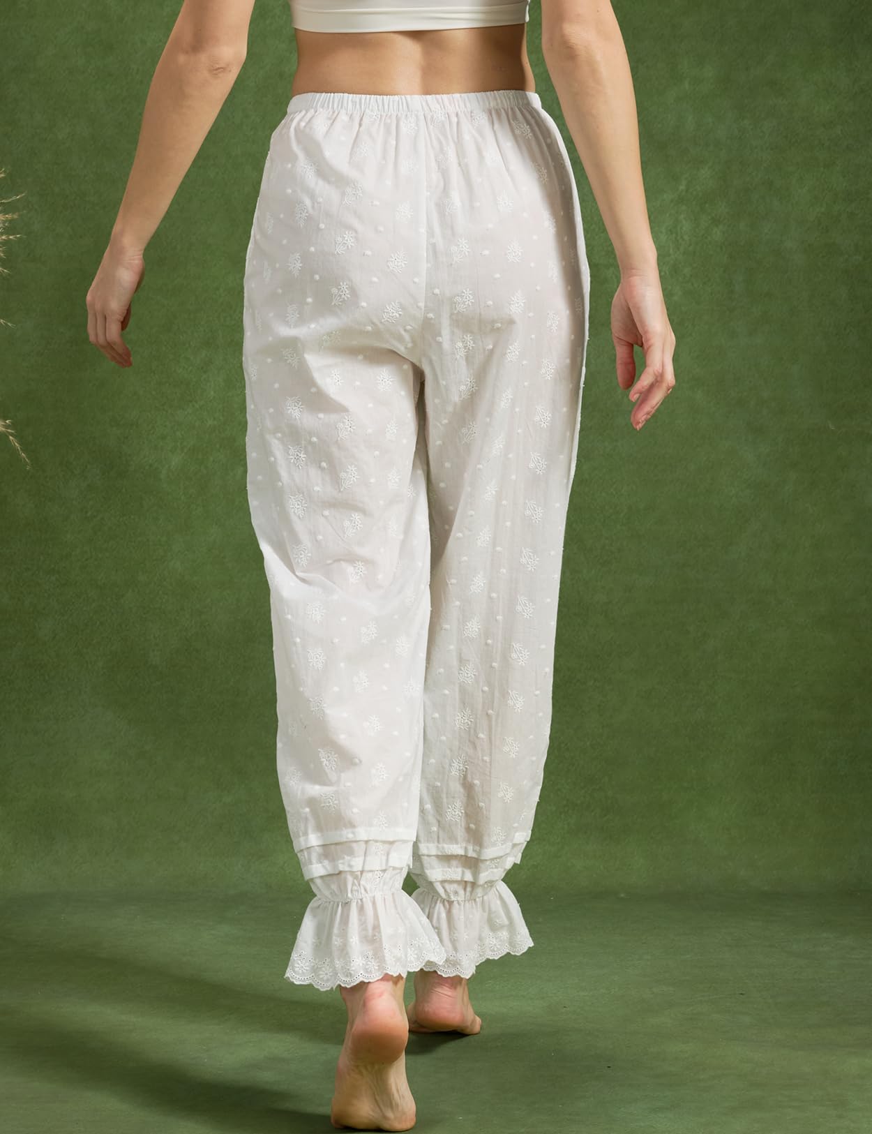 BEAUTELICATE Pantalones de Pijama para Mujer Estilo Vintage Victoriano Pantalones Largos de Algodón con Volantes Cómodos Blanco
