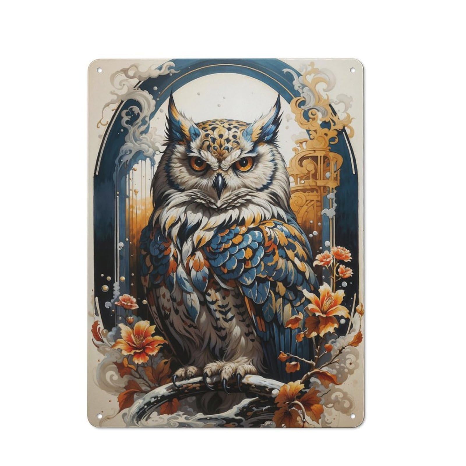 Junmoney Owl Celestial Guardian Rustic Tin Sign 40X30cm For Living Room Or Hallway, Suited To Living Room Decor Lovers