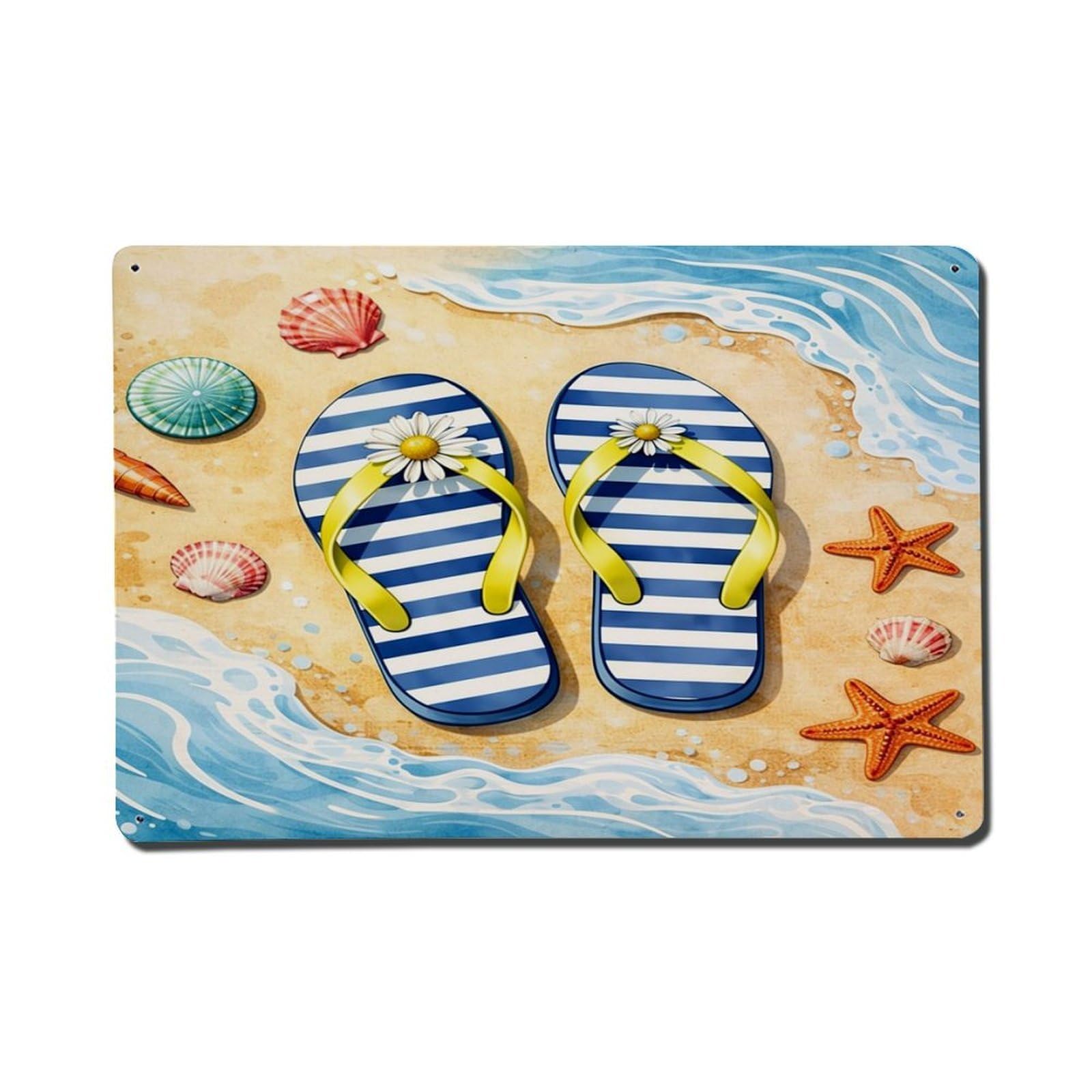 Blue And White Stripes With Daisies Metal Tin Sign Plaque