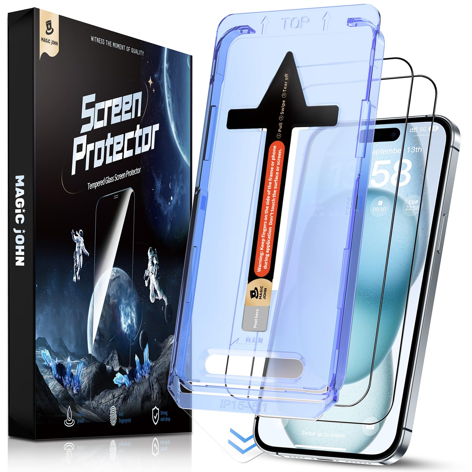 Magic John2 Pack for iPhone 15 Tempered Glass Screen Protector 6.1 inch, Auto Dust-Elimination Installation, Bubble Free, Dynamic Island Compatible, HD Clear, Easy Installation