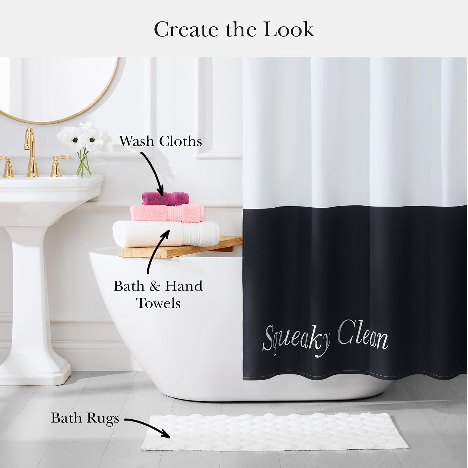 kate spade new york Squeaky Clean Color Block Shower Curtain, 72 in x 72 in, Made from 100% Cotton, Machine Washable, Black and White Shower Curtain