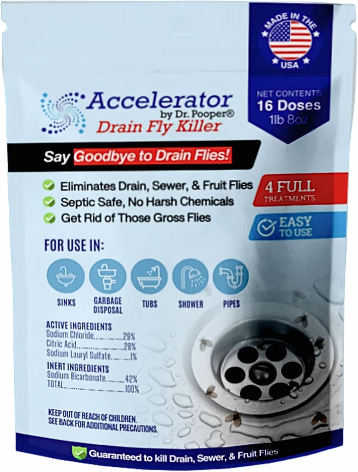Drain Fly Killer Powder – Eliminates Drain Flies & Sewer Flies in Drains, Sinks, Showers – Fast-Acting Treatment - Septic Safe & Made in USA