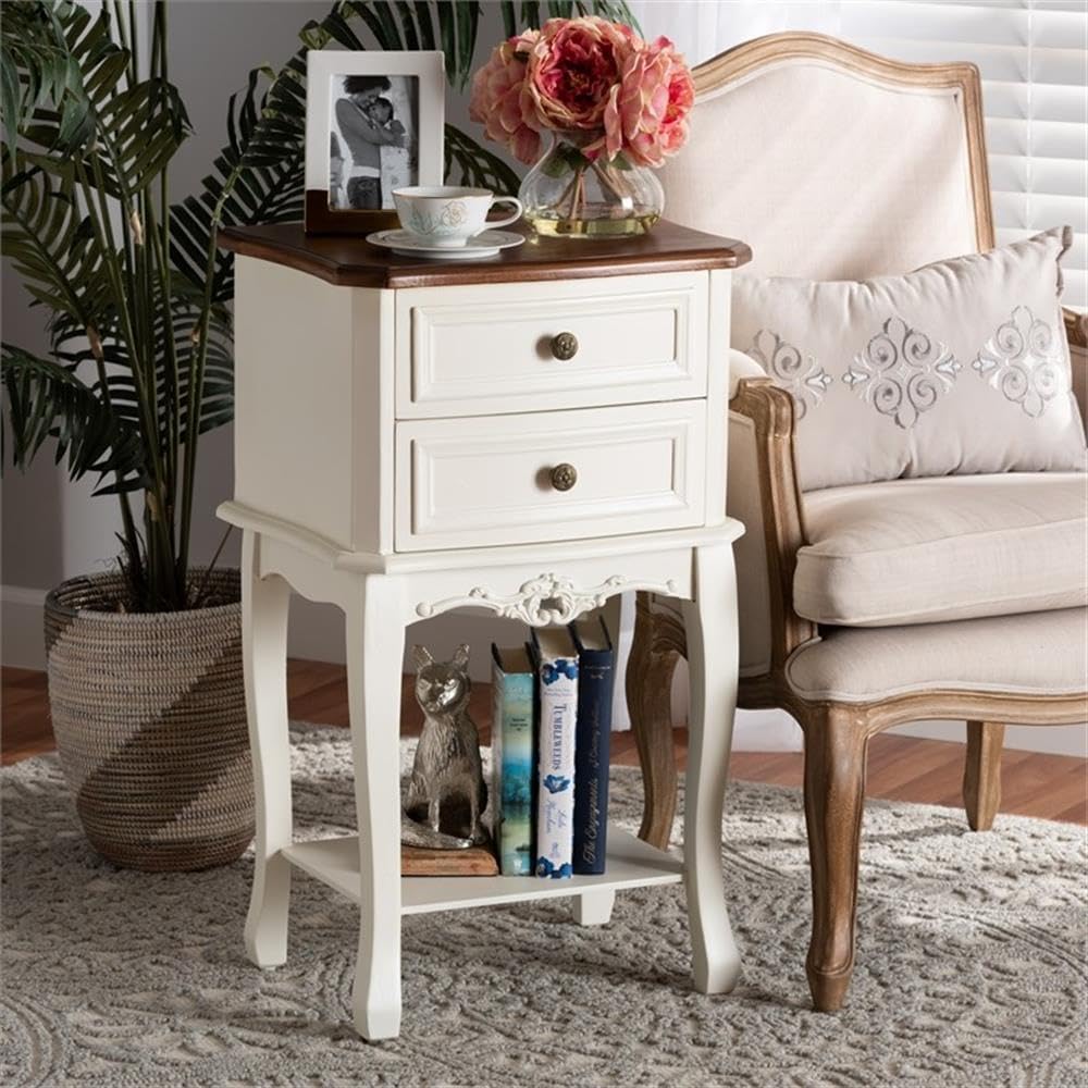 Baxton Studio Darla French White and Cherry Brown Wood 2-Drawer End Table