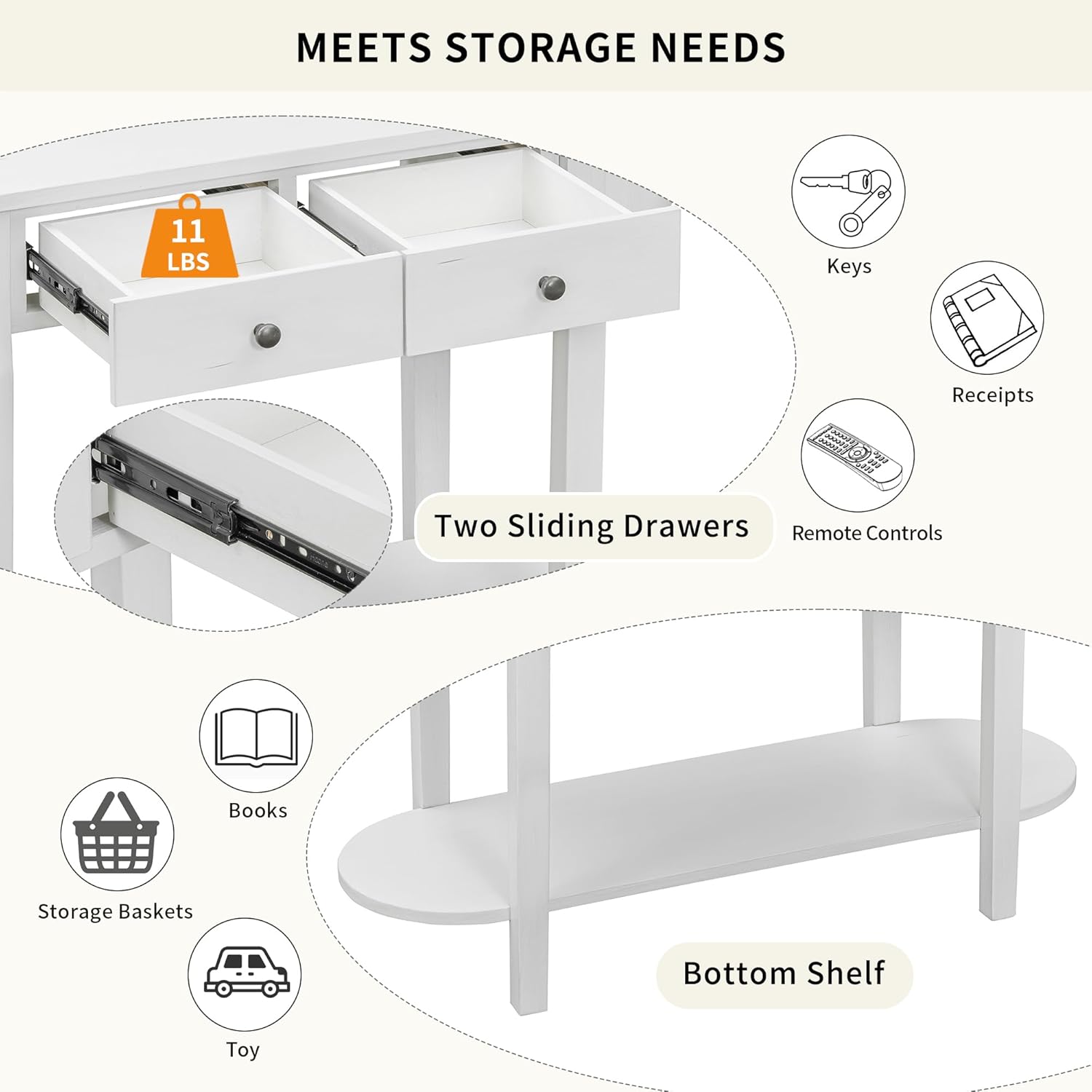LUMISOL Retro Curved Entryway Table with Drawers, 2 Tier Sofa Table Console Table with Bottom Shelf for Hallway Entrance Living Room, Antique White