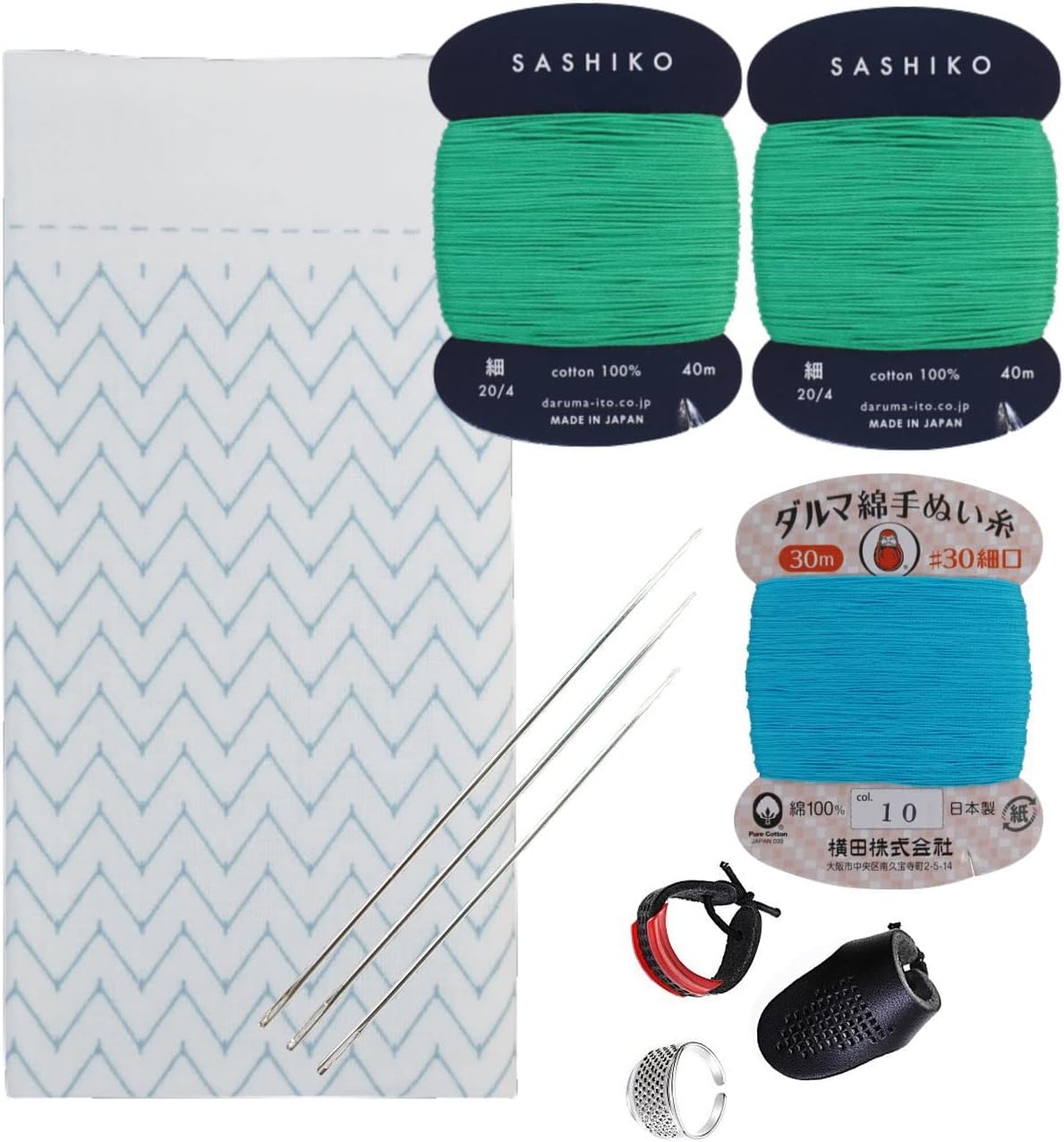 Daruma Hitomezashi Sashiko Kit – Premium Japanese Made Needle and Thread Kit with Sashiko Fukin, Thread, Needles, Thimble – Ready to Use Set (Mountain Range)