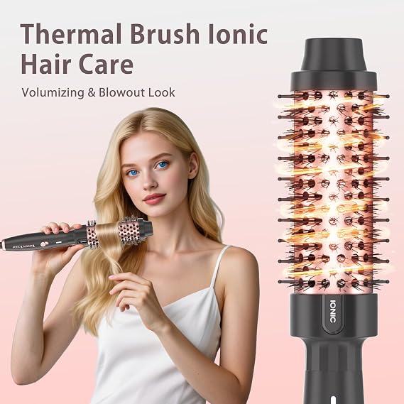 1.5 Inch Thermal Brush, Round Heated Hot Brush Blowout Ionic, Curling Brushes for All Hair, 2 Temperature Settings, Universal Voltage for Travel, Dual PTC, Not for Blow Drying, Rose Gold