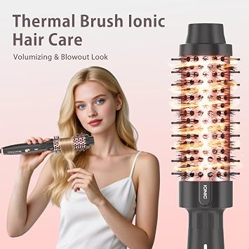 1.5 Inch Thermal Brush, Round Heated Hot Brush Blowout Ionic, Curling Brushes for All Hair, 2 Temperature Settings, Universal Voltage for Travel, Dual PTC, Not for Blow Drying, Rose Gold