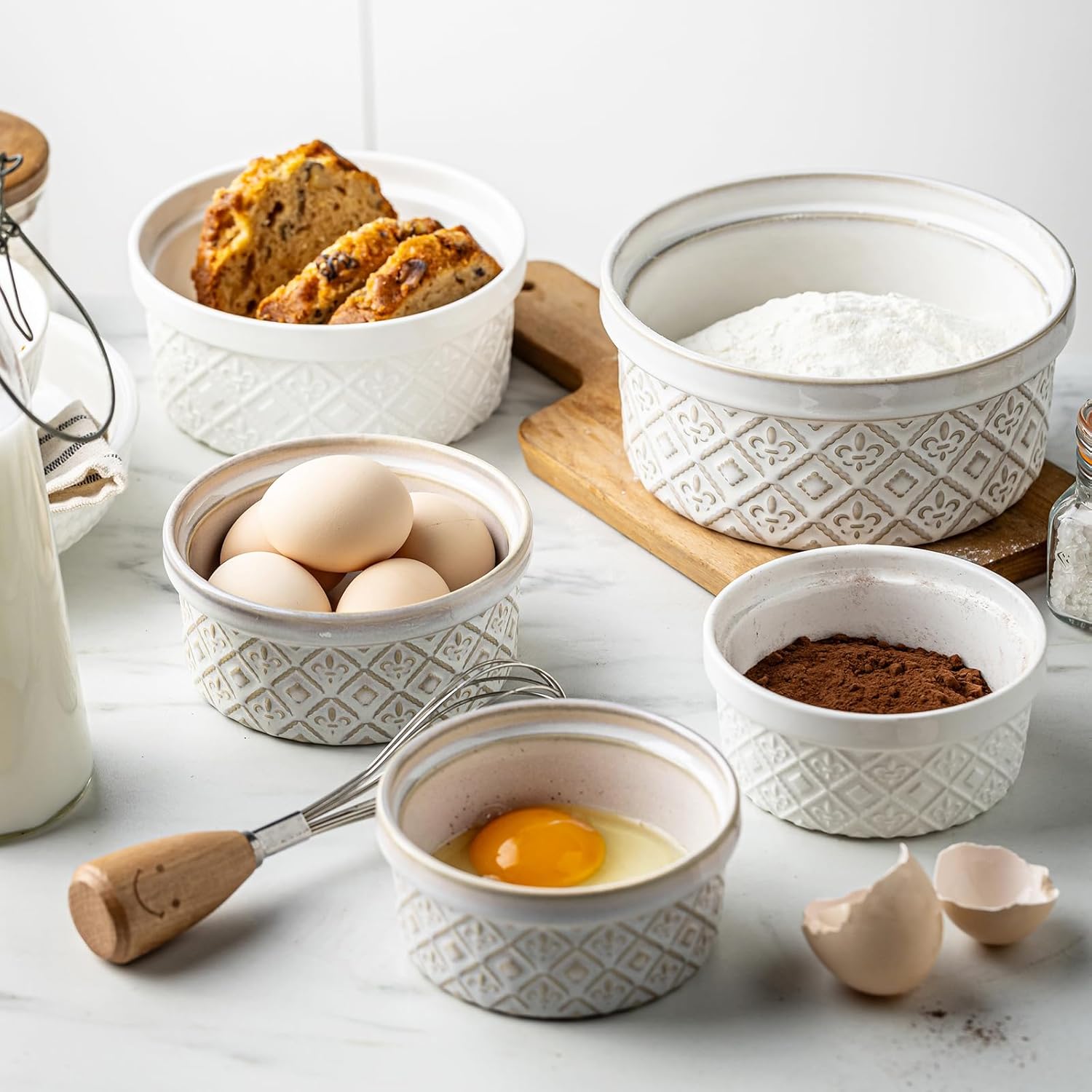 Large Mixing Bowls with Airtight Lids, Classic White Porcelain Embossed Nesting Salad Bowls for Baking and Cooking, 12/16/28/40oz Serving Bowls Set of 4, Oven and Dishwasher Safe, Thanksgiving Gift - Image 6