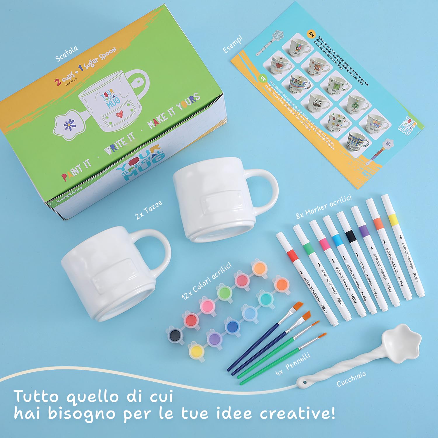 Festicy Set per Dipingere Tazze in Ceramica I 2 Tazze da 200 ml con 12 Colori, 8 Pennarelli e 4 Pennelli I Kit Creativo Adulti e Bambina I Idee Regalo Fai da Te I Hobby Creativi per Casa
