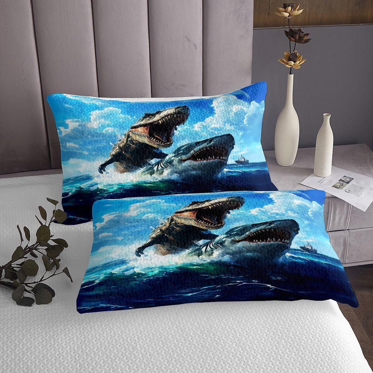 Castle Fairy Dinosaur Shark Quilt Sets Twin Size,Ocean Animals Bedspread Coverlet 2Pcs for Kids Girls Boys Room Decor,3D Wild Dino Quilts Set Blue Sea Waves Bedding Comforter,1 Pillowcase