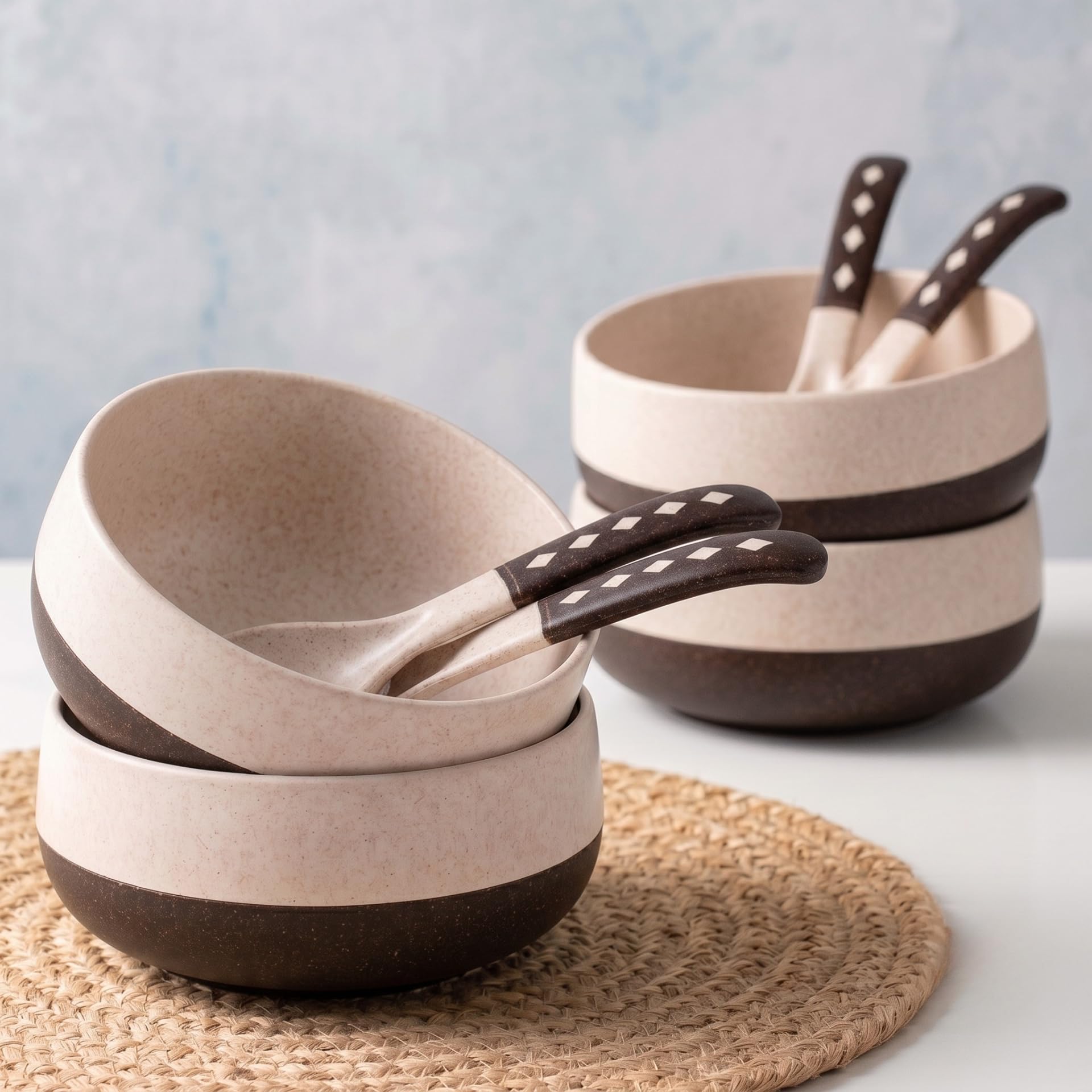 Eha Earth-Friendly Soup Bowls with Spoons | 250 ml | Made with Rice Husk Biocomposite | Microwave Safe Bowls for Kitchen | Serving Bowl Set of 4 | Coffee
