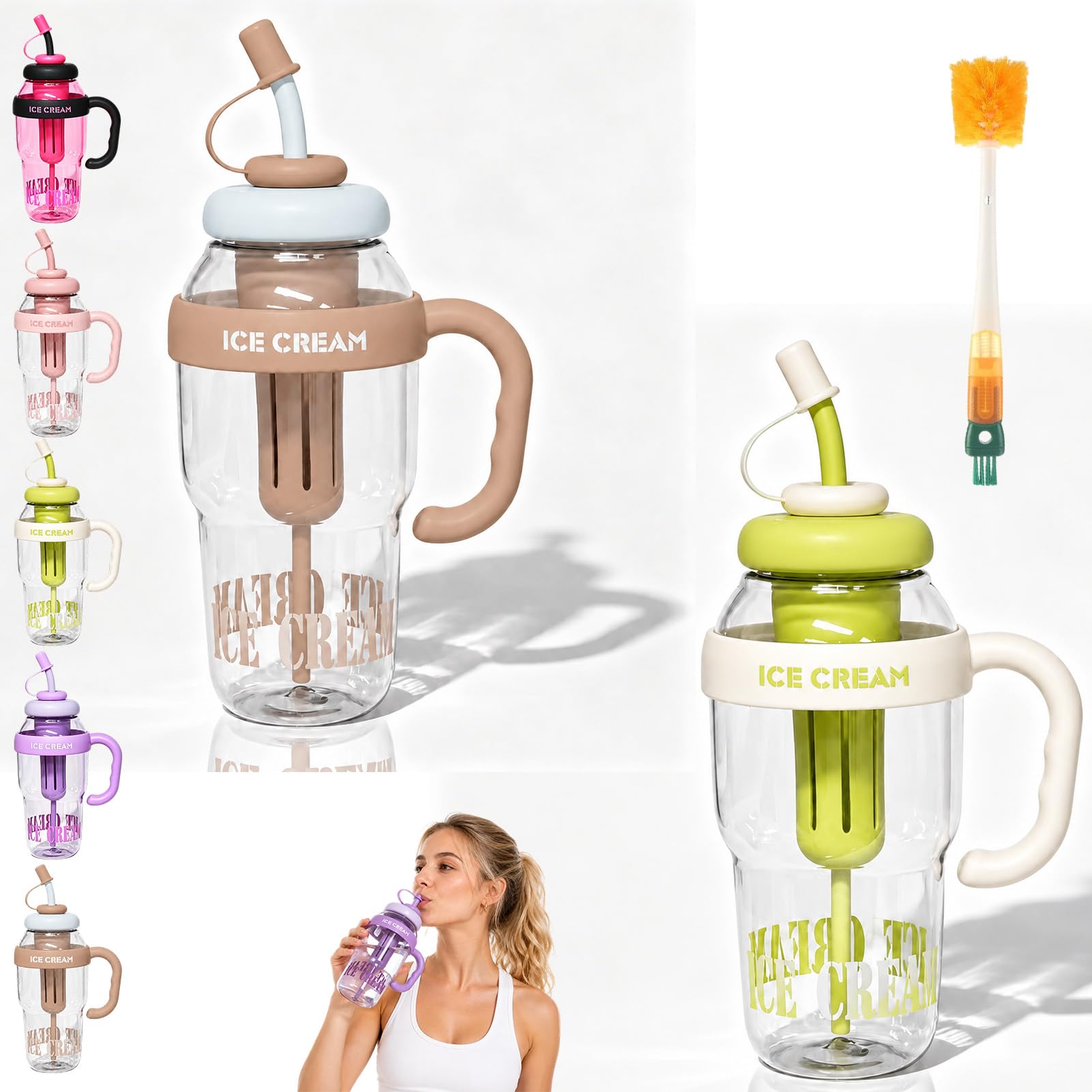 Stylish Large Capacity Sports Water Bottle with Straw, 1300ml Summer Handle Plastic Cute Large Capacity Ice Cup, Convenient Cup with Tea Infuser for Camping Hiking Summer Outdoor Sports (2pc-h)