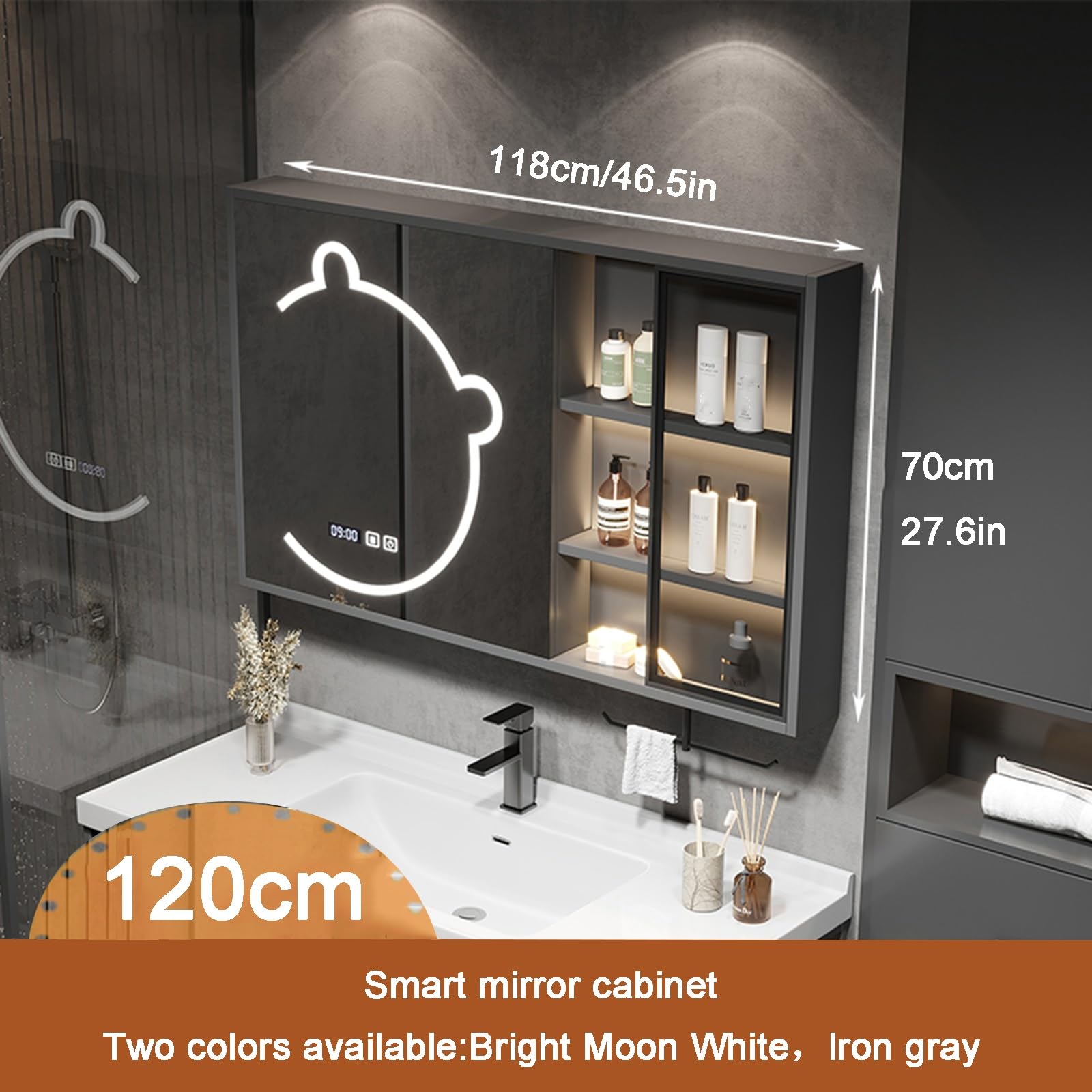 Armario con espejo de baño LED de 120 cm, color blanco, para guardar medicamentos con espejo, fácil montaje, diseño moderno, protección impermeable, ideal para artículos esenciales de baño