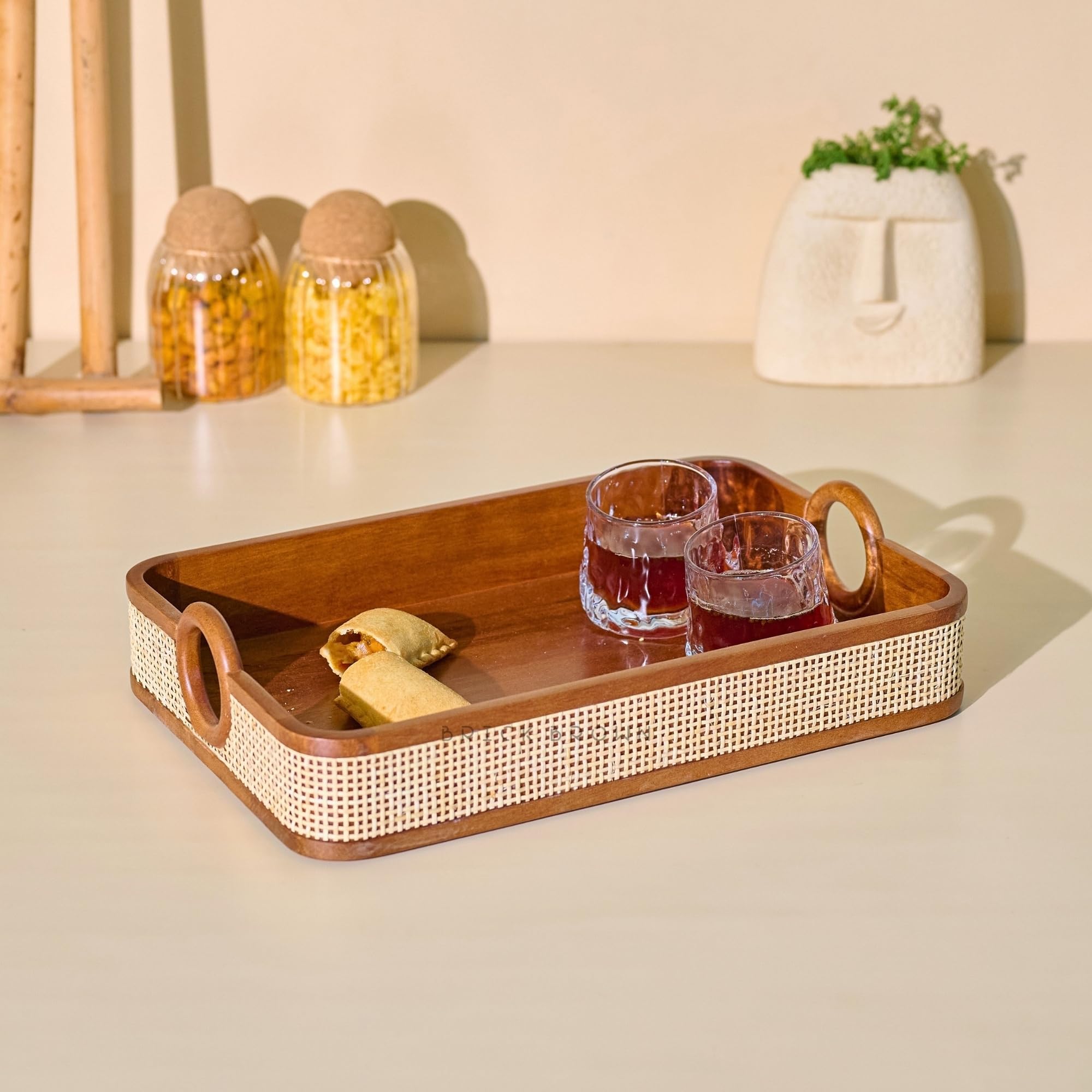 Brick Brown® Premium Wooden Tresso Serving Tray with Cane Weaving | Walnut Finish Tea & Breakfast Tray with Handles | Luxury Decorative Organizer for Kitchen, Dining, Coffee Table, Office 15x10 Inch-image-36
