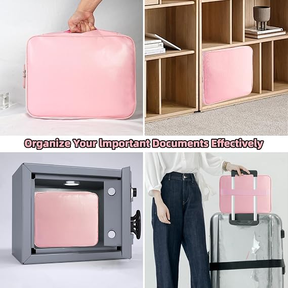 Fireproof Document Box, Waterproof and Fireproof Document Storage Bag, Portable Home Fire Safe Storage Box Case with Lock for Documents, Deed and Birth Certificate, Pink