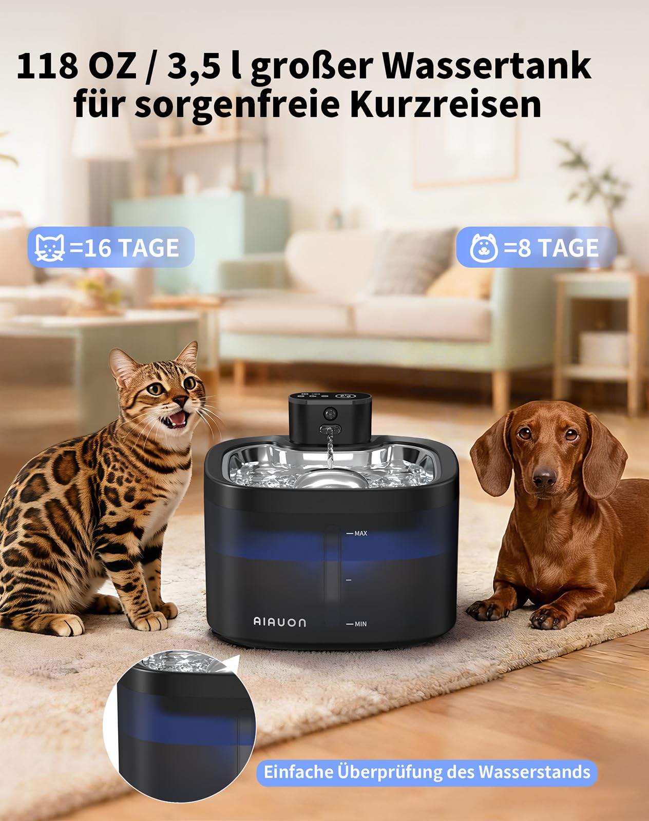 Katzenbrunnen kabellos 118oz/3,5L Drahtlos & Ultra-leise mit Sensor- und Zeitmodus,Edelstahlpalette, batteriebetriebener Trinkbrunnen für Katze,Trinkbrunnen für Katze (3.5L Katzenbrunnen+2Filter)