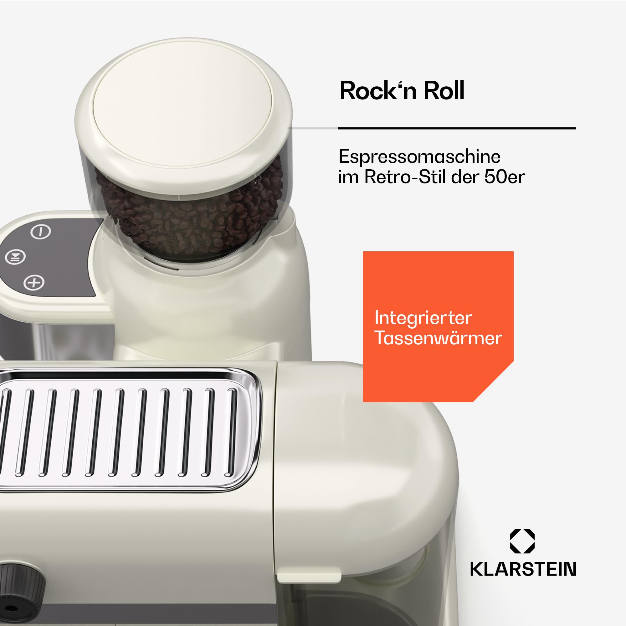 Klarstein Bella Café Siebträgermaschine Mit Mahlwerk – 19 Bar, 1550 W, 1,4 L, Integriertes Kegelmahlwerk, Milchaufschäumer, 2 Tassen, Thermo Block, Creme, Rostfreier Stahl