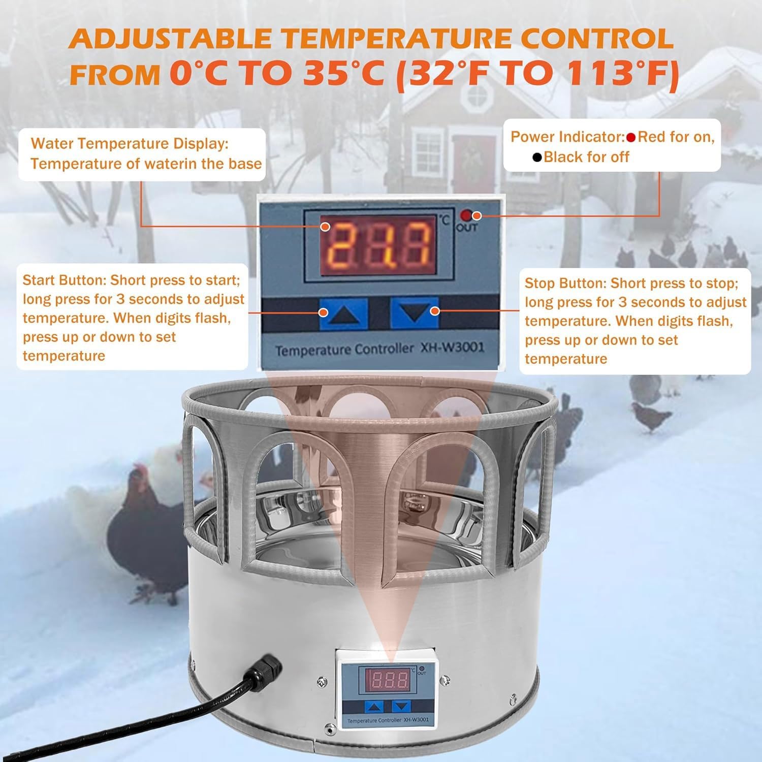 Calentadores de agua de pollo para aves de corral, bebedero de pollo calentado de 5 galones con 8 ventanas para beber y pantalla LED, temperatura ajustable de -0.0 °C a 50.0 °C, para pollos