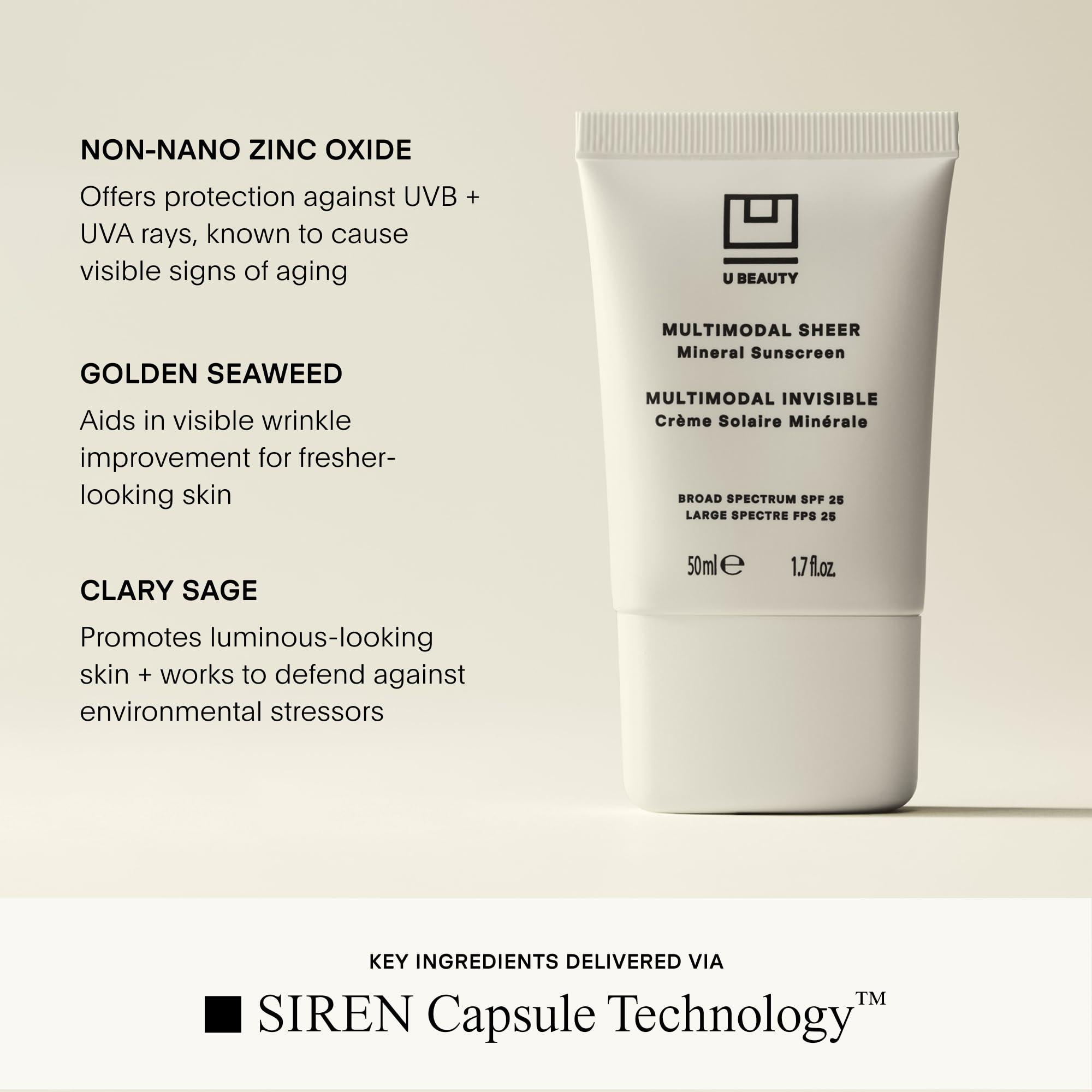U Beauty Crema solare minerale trasparente multimodale SPF 25 con filtro SPF non nano all'ossido di zinco, oltre a estratti di semi di salvia sclarea e pinnata di Pongamia per una pelle dall'aspetto
