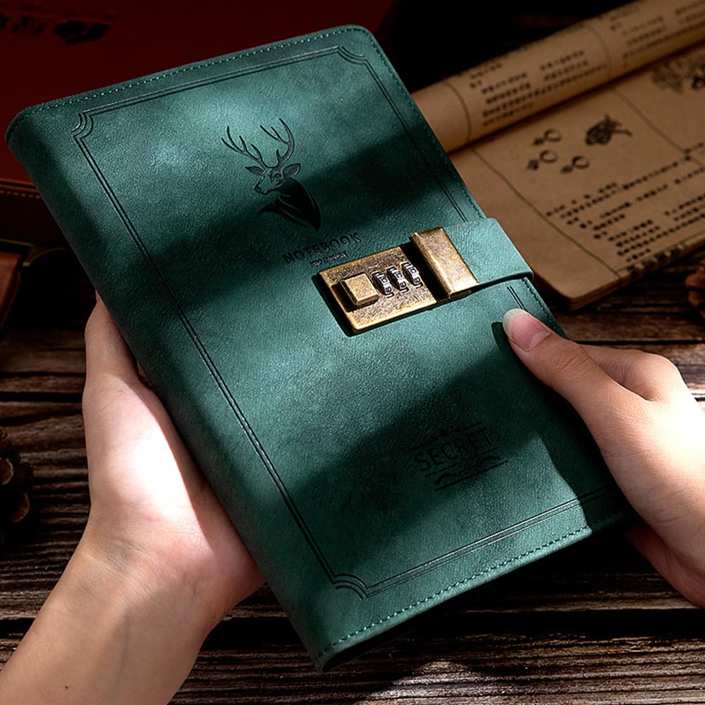 ZukoCert Tagebuch mit Schloss, A5, PU-Leder, Tagebuch mit Schloss, 240 Seiten, Retro-Tagebuch mit Schloss und Schlüssel zum Schutz Ihrer Privatsphäre, Unisex, Hirschkopf-Stil, Grün