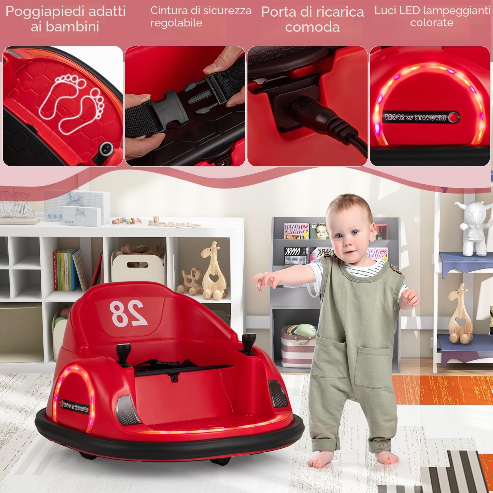 SOARS Autoscontro Elettrico per Bambini 6V, Macchina Elettrica per Bambini Rotante a 360°, Telecomando 2,4G, 2 Modalità di Controllo, Clacson e Musica, Carico 25 KG, 18 Mesi+ (Rosso)