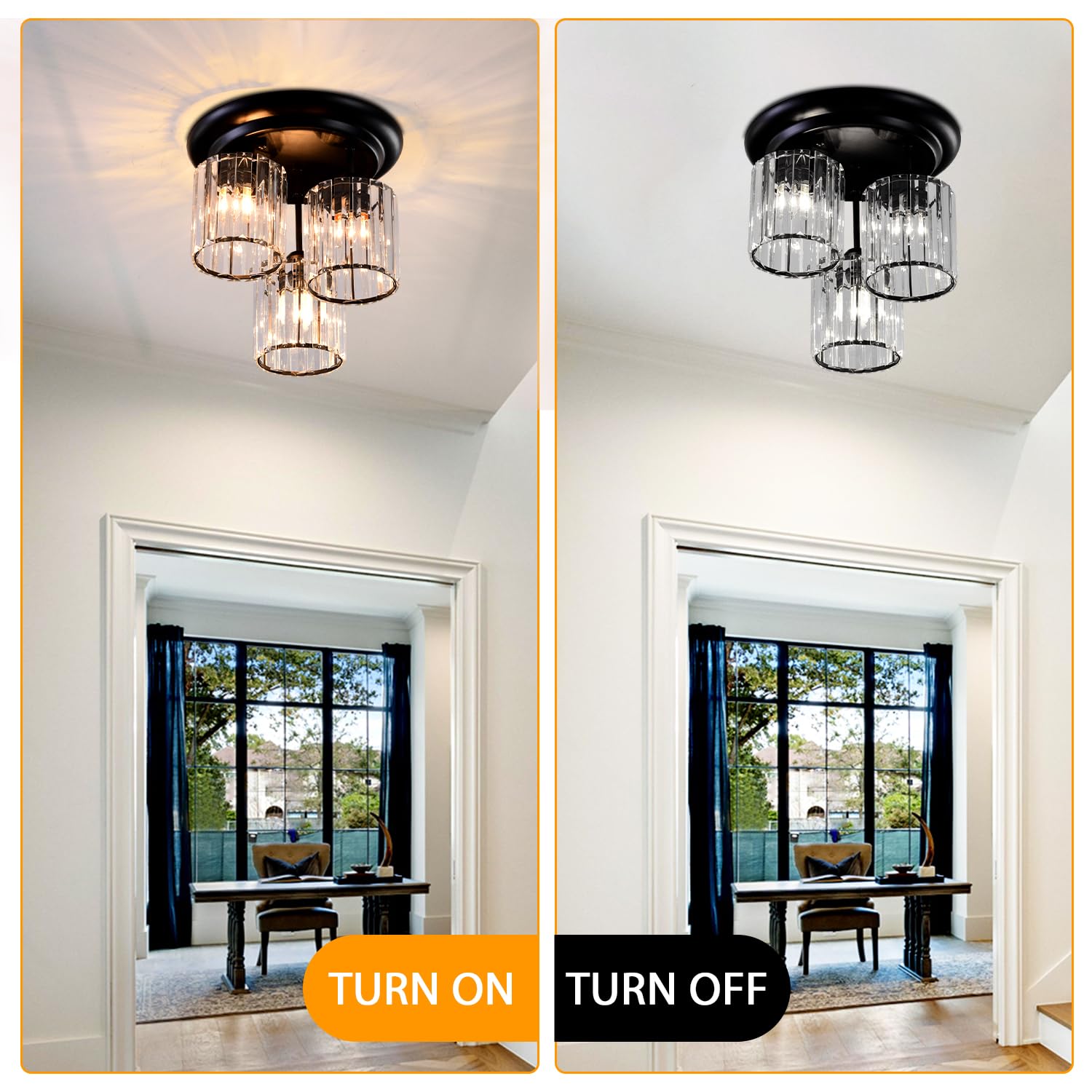 Black Crystal Ceiling Light – Flush Mount, 11.8'' X 12.6'', K9 Crystal Rods, 3 X E12 Sockets, Black Frame – Elegant Lighting For Living Room, Dining Room, Hallway