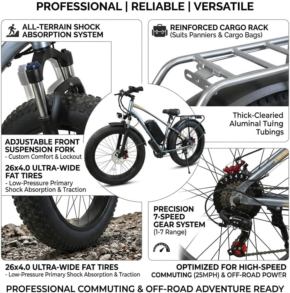 Electric Bike for Adults 1500W 50+ Miles 62NM Torque Full Suspension Ebikes for Adults 30 mph Commuting Bright Headlight Dual Disc Brakes E Bike, 26" Fat Tire 30° Max Slope