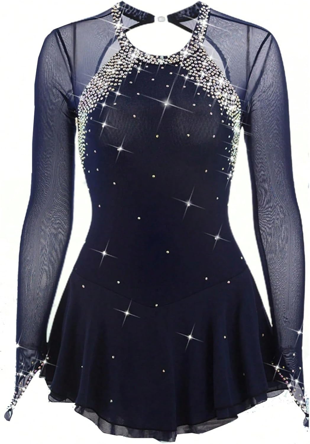 Figure Skating Dress,Girls Dark Blue Backless Hook Finger Shiny Rhinestone Skating Performance Competition Wear Costume