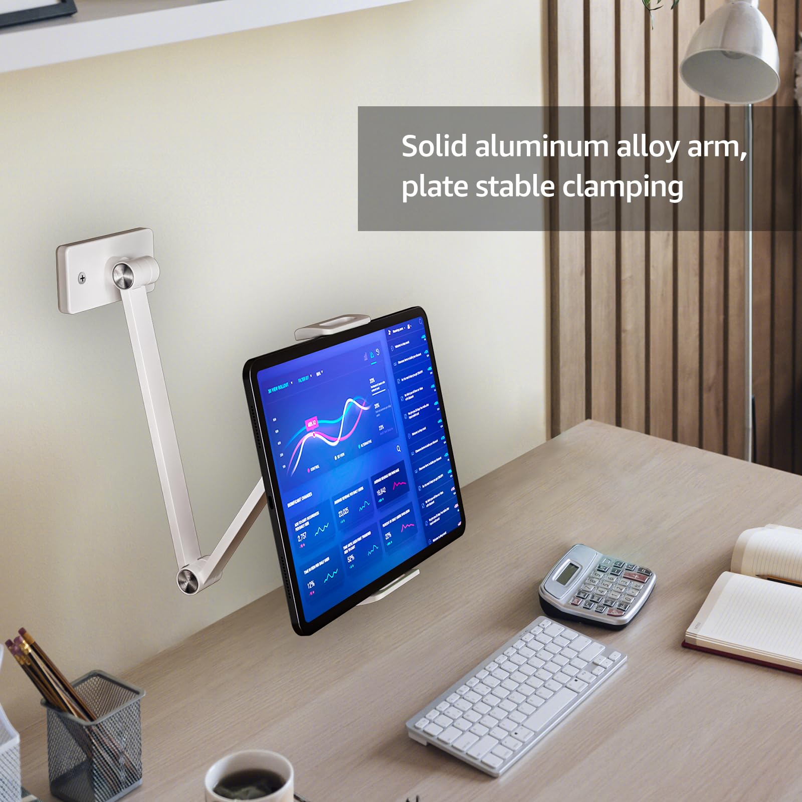 BEWISER Soporte de pared para tablet, base giratoria blanca, soporte para iPad, altura ajustable, compatible con almohadilla de 4,7 – 12,9 pulgadas, teléfono, Galaxy Tab, atornillable, soporte para