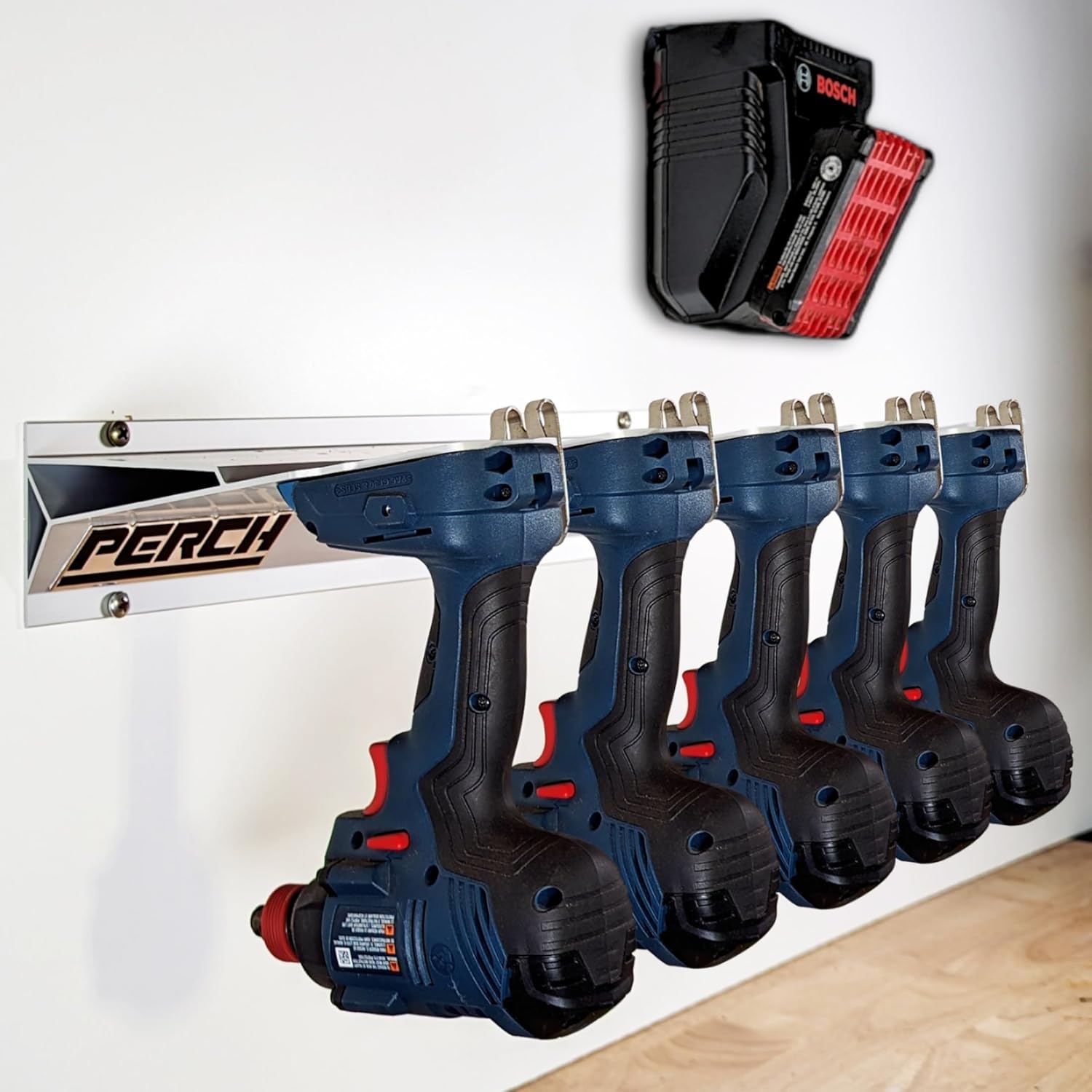 PERCH Tool Rack for BOSCH/FEIN 18v | Securely Mounts 5 Cordless Tools | Universal Mounting | Most Durable Cordless Tool Organizer