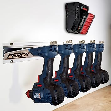 PERCH Tool Rack for BOSCH/FEIN 18v | Securely Mounts 5 Cordless Tools | Universal Mounting | Most Durable Cordless Tool Organizer