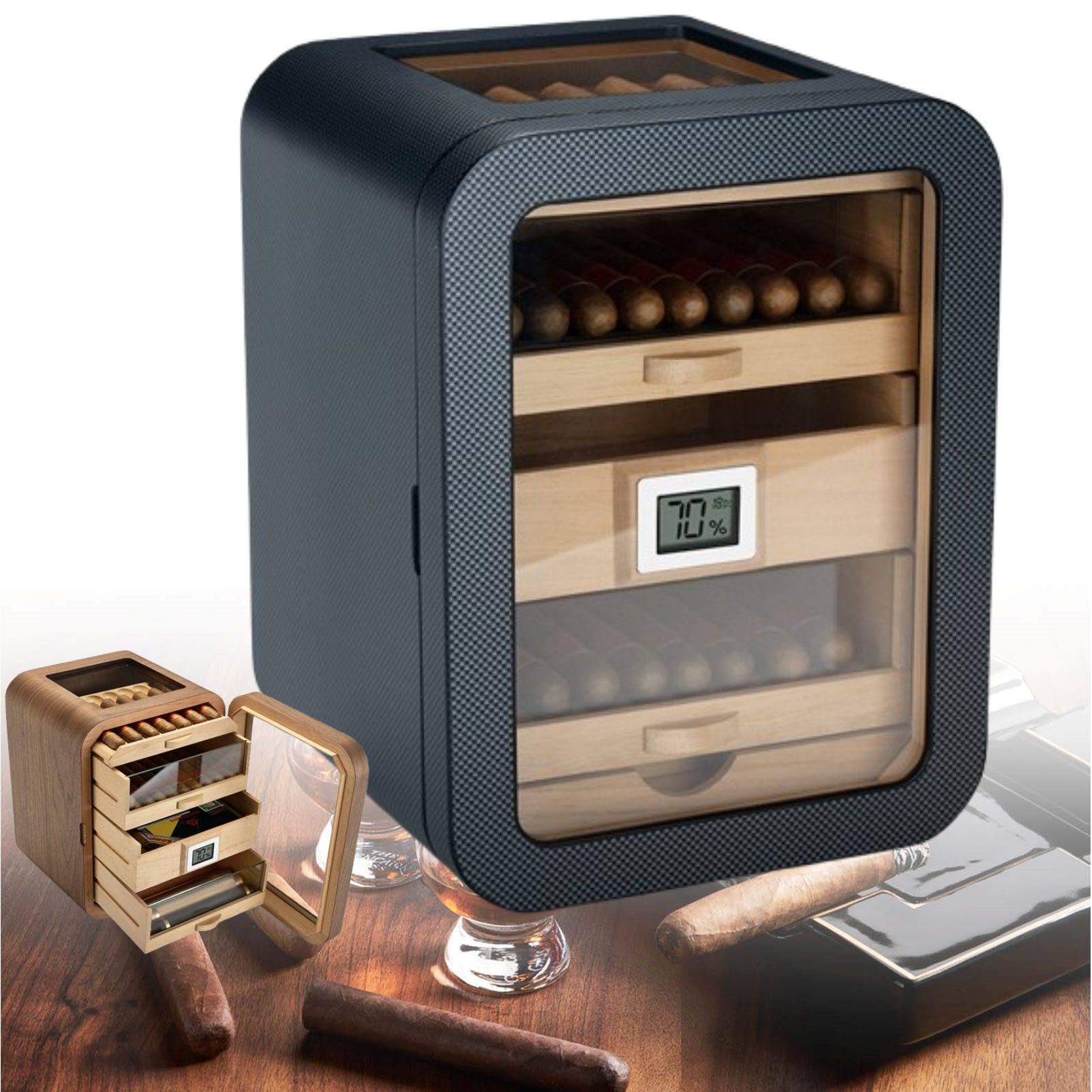 MhWrughts Walnut Wood Storage Box Cigar Humidor Cabinet, 4 Layer Cedar Wood Humidor for 110 Cigars, Digital Hygrometer & Humidifier, Desktop Display for Bars Lounges CarbonFiber-B