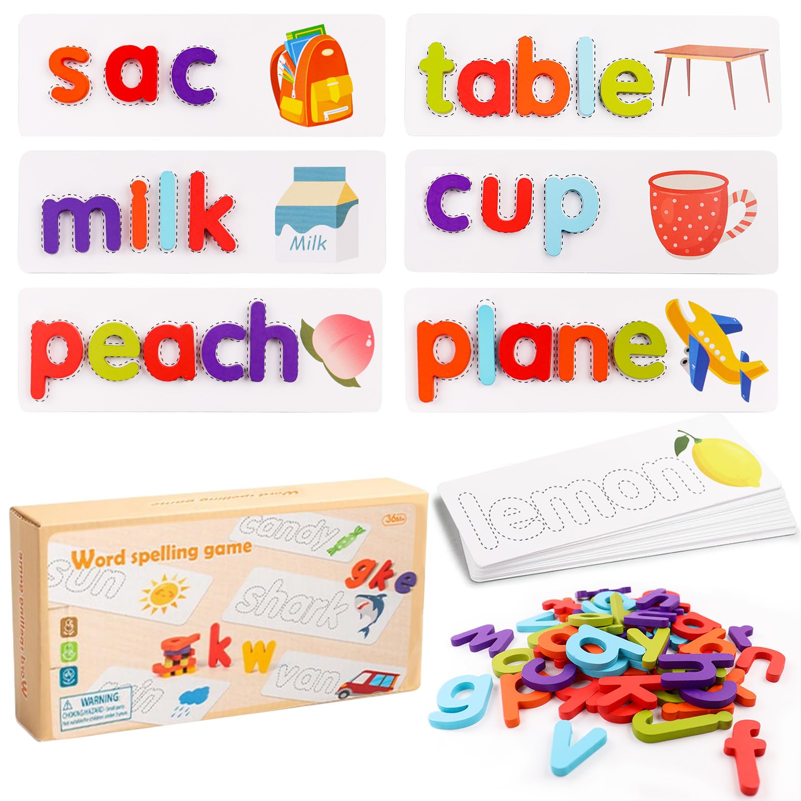 wadafen Spelling Games for Kids, Matching Letter Alphabet Puzzle Game with 27 Flash Cards and 52 Wooden Letters Blocks for boys and girls aged 3 and up, Preschool Vocabulary Spelling for Kids Toddlers