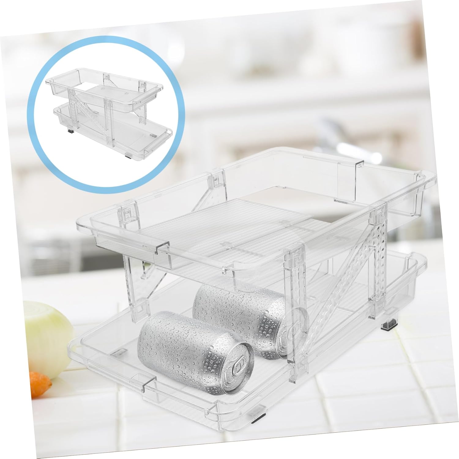 PRETYZOOM Soda Can Dispenser Organizer for Refrigerator Beverage Storage Bin Rolling Mechanism Transparent Double Can Holder for Beer and Drinks for Kitchen and Pantry