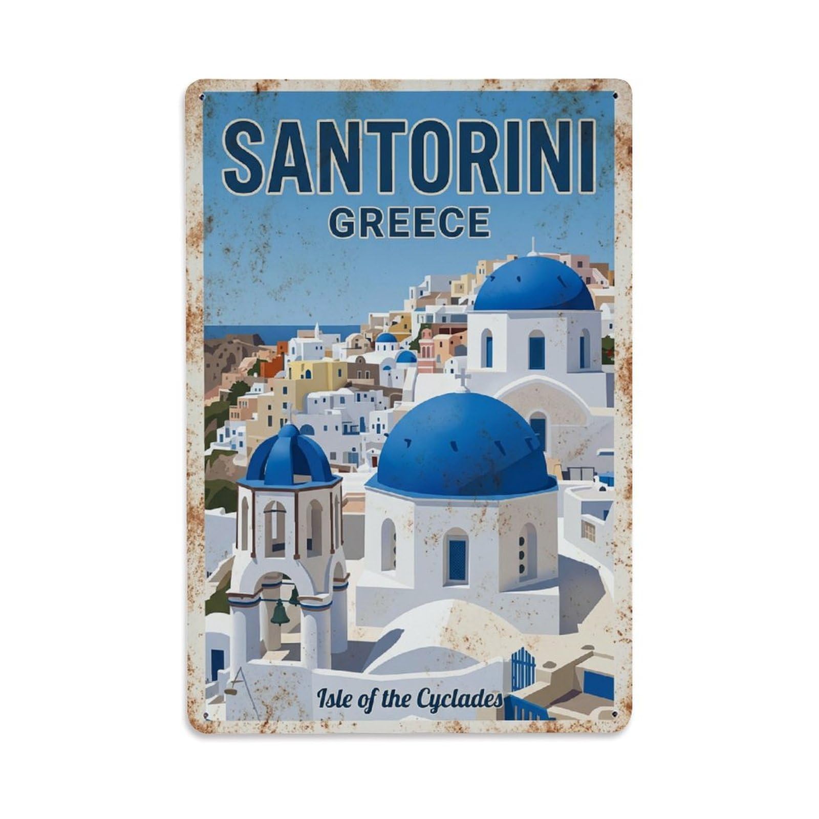 Fyrn Style Metal Tin Sign Vintage Travel Santorini Greece Domes