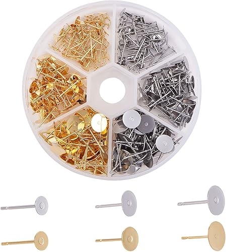 Miniatura 8 de PH Pandahall 300 aretes de 3 tamaños pines de acero inoxidable en blanco aretes de almohadilla plana dorada para hombres y mujeres para hacer joyas