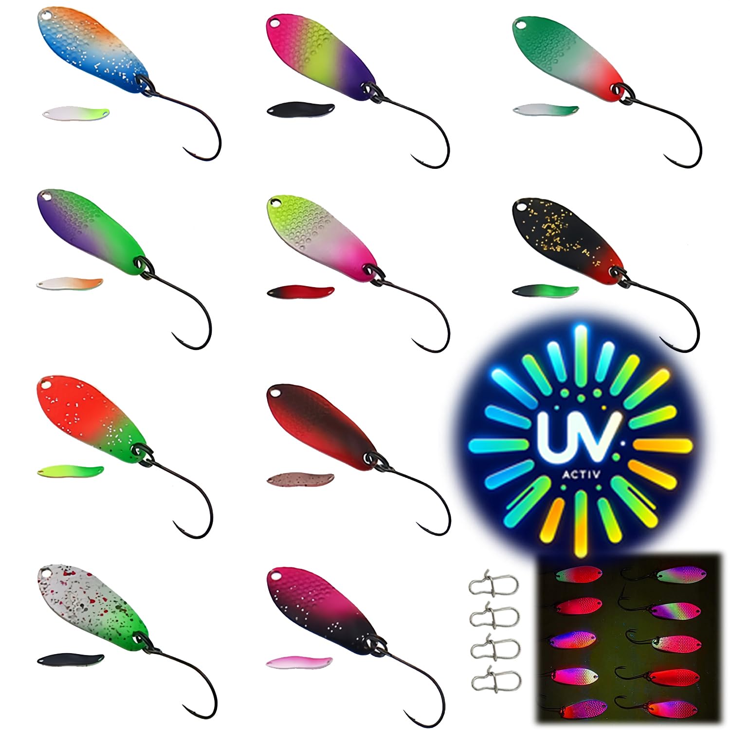 18 Forellenköder Set - UV Aktive Spoons & Blinker Für Raubfisch Angeln