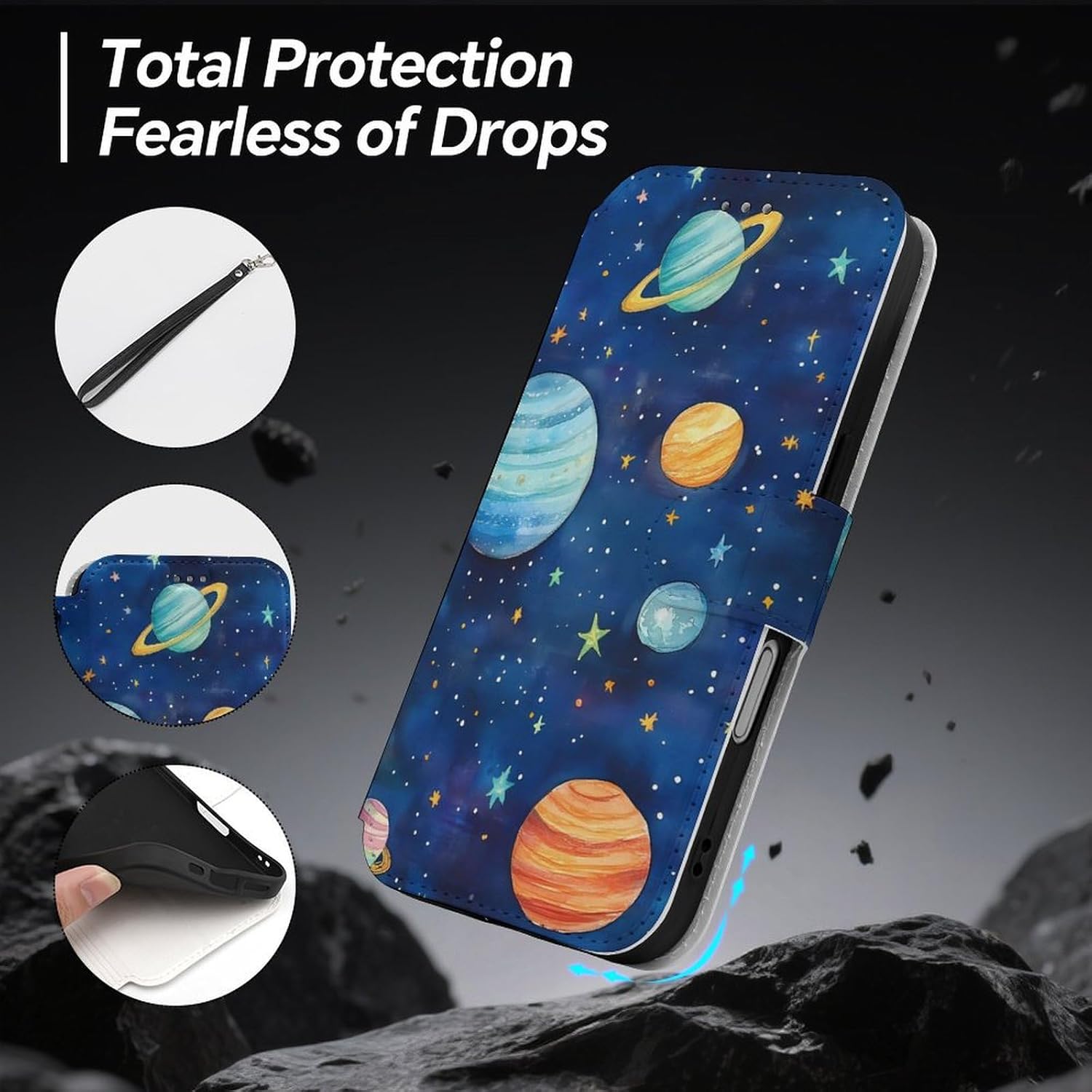 Watercolor Galaxy Solar System Compatible with iPhone 16/16 Plus/16 Pro/16 Pro Max/16 E Case Phone Wallet Card Holder Flip Cover with Wrist Strap