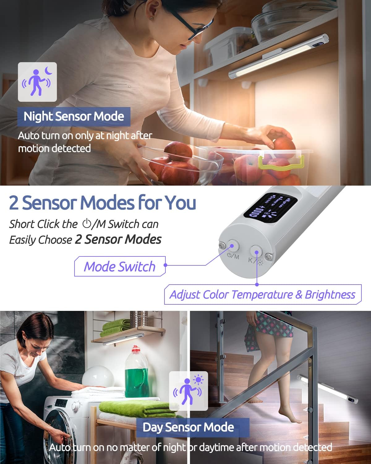 LOFTER-pro Under Cabinet Lights, LED Motion Sensor Light with Digital Display, 14in Rechargeable Closet Lights for Kitchen/Closet/Wardrobe, LED Mirror Lights Stick-On PIR Lighting with 3 Color Temps