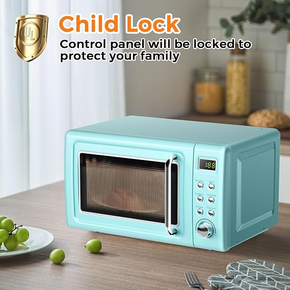 0.7Cu.ft Mini Microwave Countertop, 700W Retro Microwave w/ 5 Micro Power, Defrosting Settings, Glass Turntable & Viewing Window, LED Display, Child Lock, Perfect for Small Space (Mint Green)